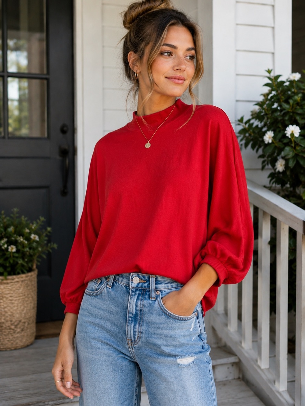 Stateside NWT Supima Cotton Balloon Sleeve Mock Neck Tee Small USA Made